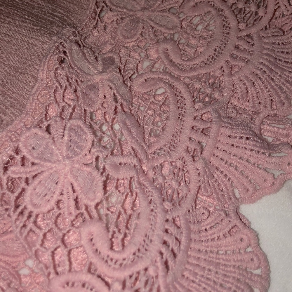 cropped pink Love Tree blouse with lace sleeves